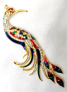 Large Peacock Brooch Pin Rhinestone Enamel Multicolor Statement Bird